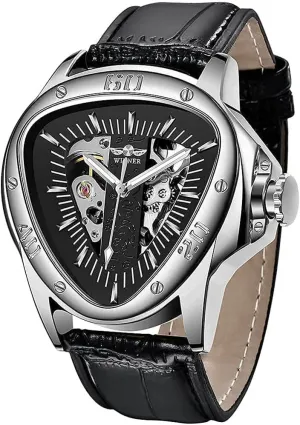 Waterproof Golden Skeleton Dial Automatic Movement eccentric lofty Leather Watch for Men Gosasa Men??s Triangle Racing Dial Mechanical Wrist Watch 