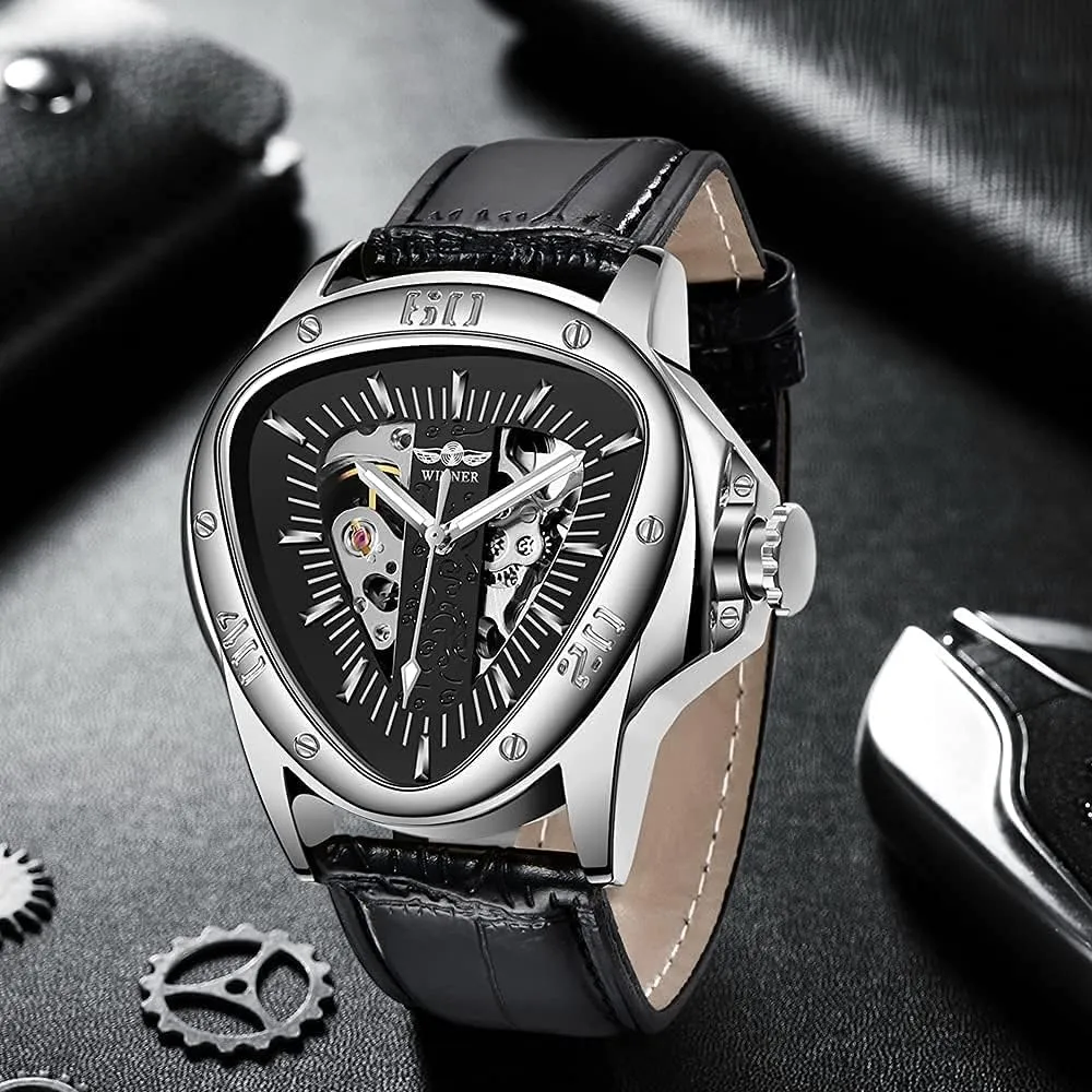Waterproof Golden Skeleton Dial Automatic Movement eccentric lofty Leather Watch for Men Gosasa Men??s Triangle Racing Dial Mechanical Wrist Watch 
