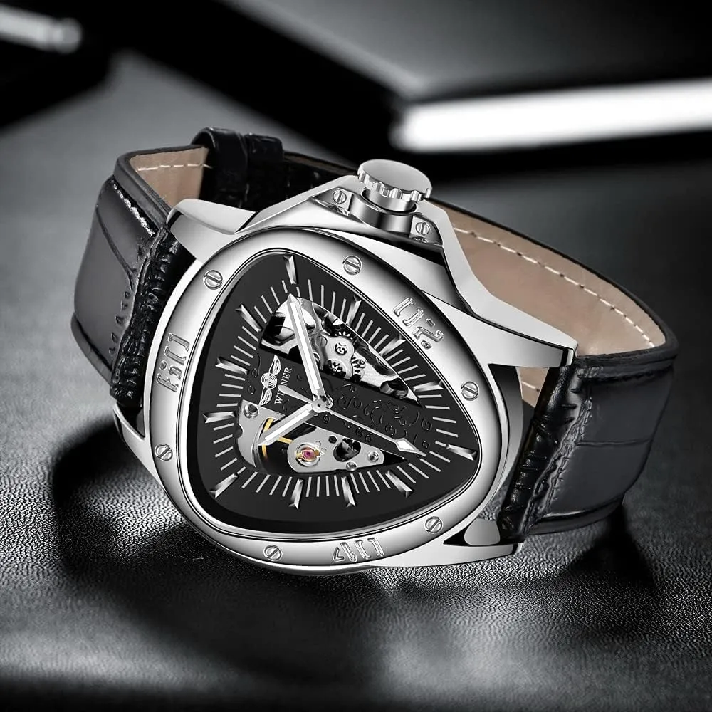 Waterproof Golden Skeleton Dial Automatic Movement eccentric lofty Leather Watch for Men Gosasa Men??s Triangle Racing Dial Mechanical Wrist Watch 