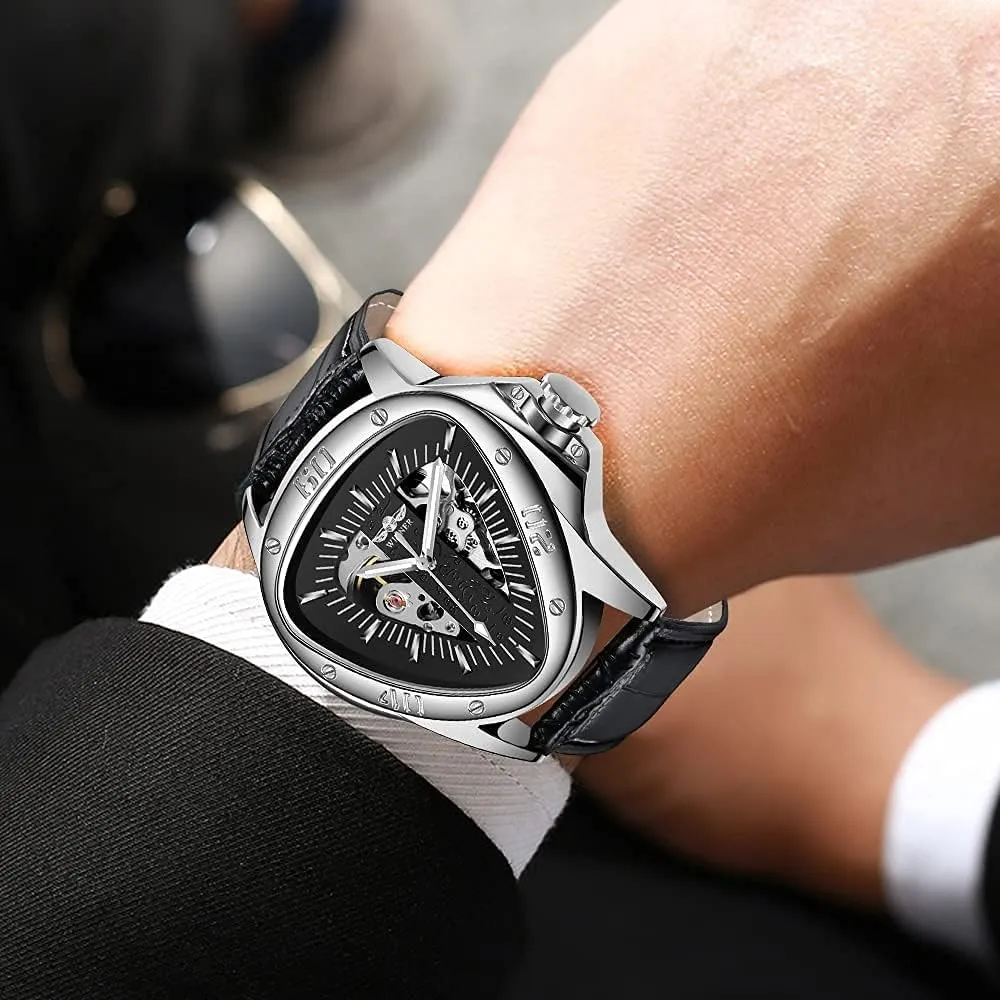 Waterproof Golden Skeleton Dial Automatic Movement eccentric lofty Leather Watch for Men Gosasa Men??s Triangle Racing Dial Mechanical Wrist Watch 