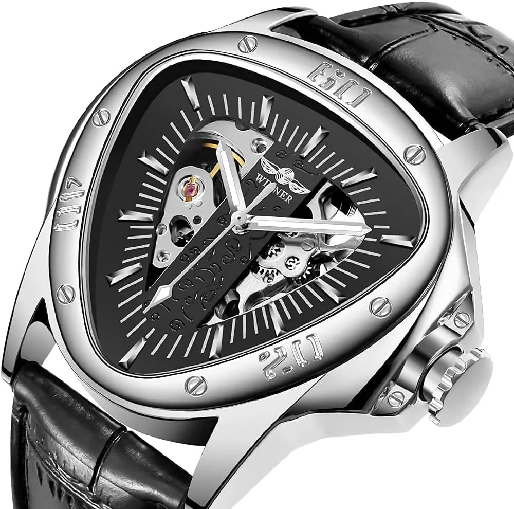 Waterproof Golden Skeleton Dial Automatic Movement eccentric lofty Leather Watch for Men Gosasa Men??s Triangle Racing Dial Mechanical Wrist Watch 