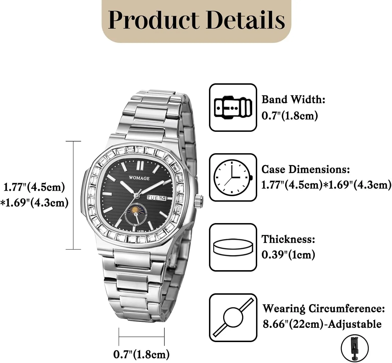 Waterproof Luminous Date Week Business Dress Watch weed OIDEA Watches for Men: Full Rhinestones Diamonds Case Square Dial Analog Quartz Wrist Watch Detachable Stainless Steel Strap 