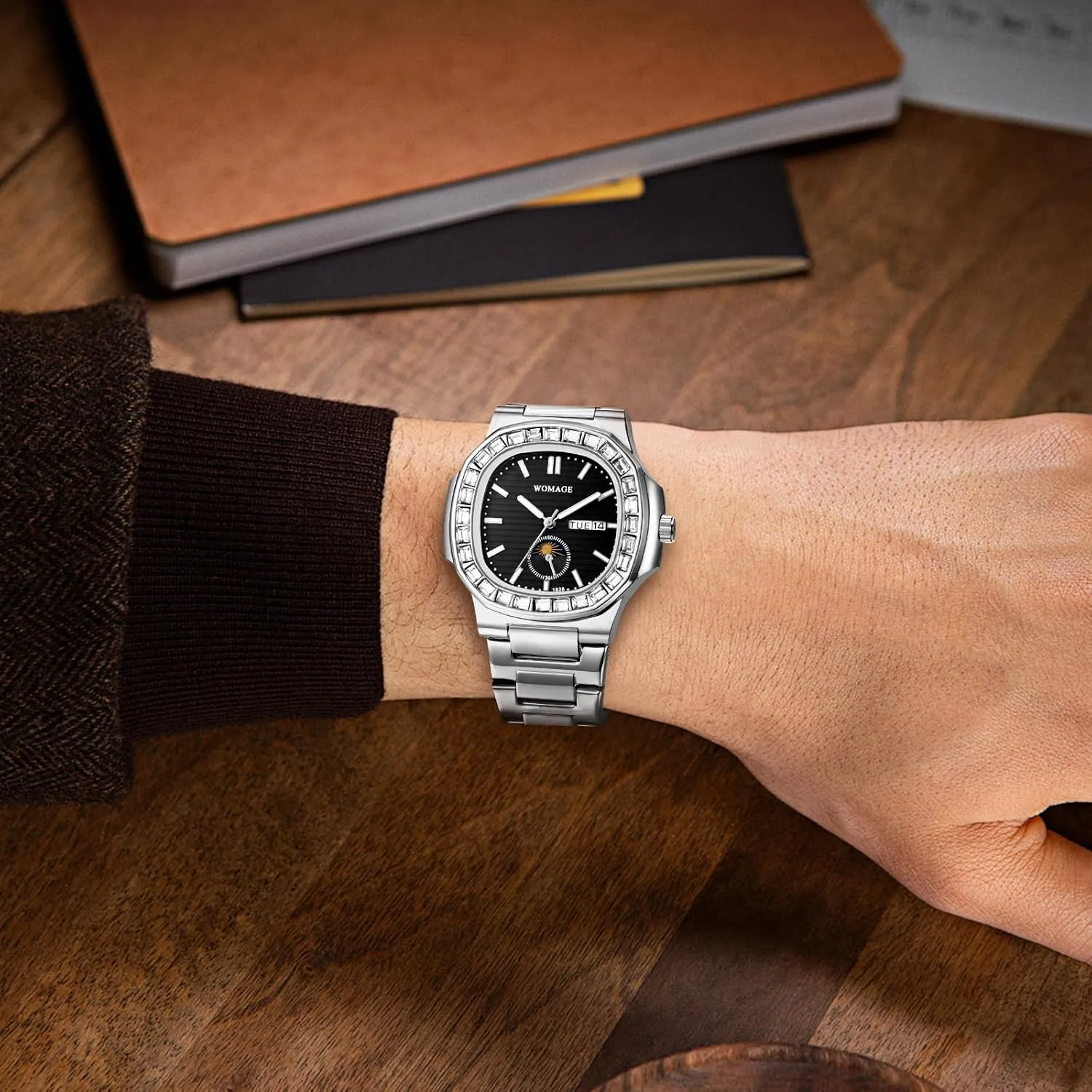 Waterproof Luminous Date Week Business Dress Watch weed OIDEA Watches for Men: Full Rhinestones Diamonds Case Square Dial Analog Quartz Wrist Watch Detachable Stainless Steel Strap 