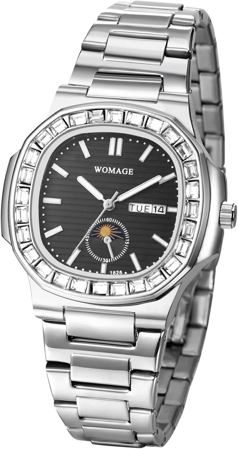 Waterproof Luminous Date Week Business Dress Watch weed OIDEA Watches for Men: Full Rhinestones Diamonds Case Square Dial Analog Quartz Wrist Watch Detachable Stainless Steel Strap 
