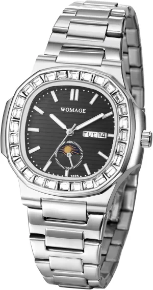 Waterproof Luminous Date Week Business Dress Watch weed OIDEA Watches for Men: Full Rhinestones Diamonds Case Square Dial Analog Quartz Wrist Watch Detachable Stainless Steel Strap 