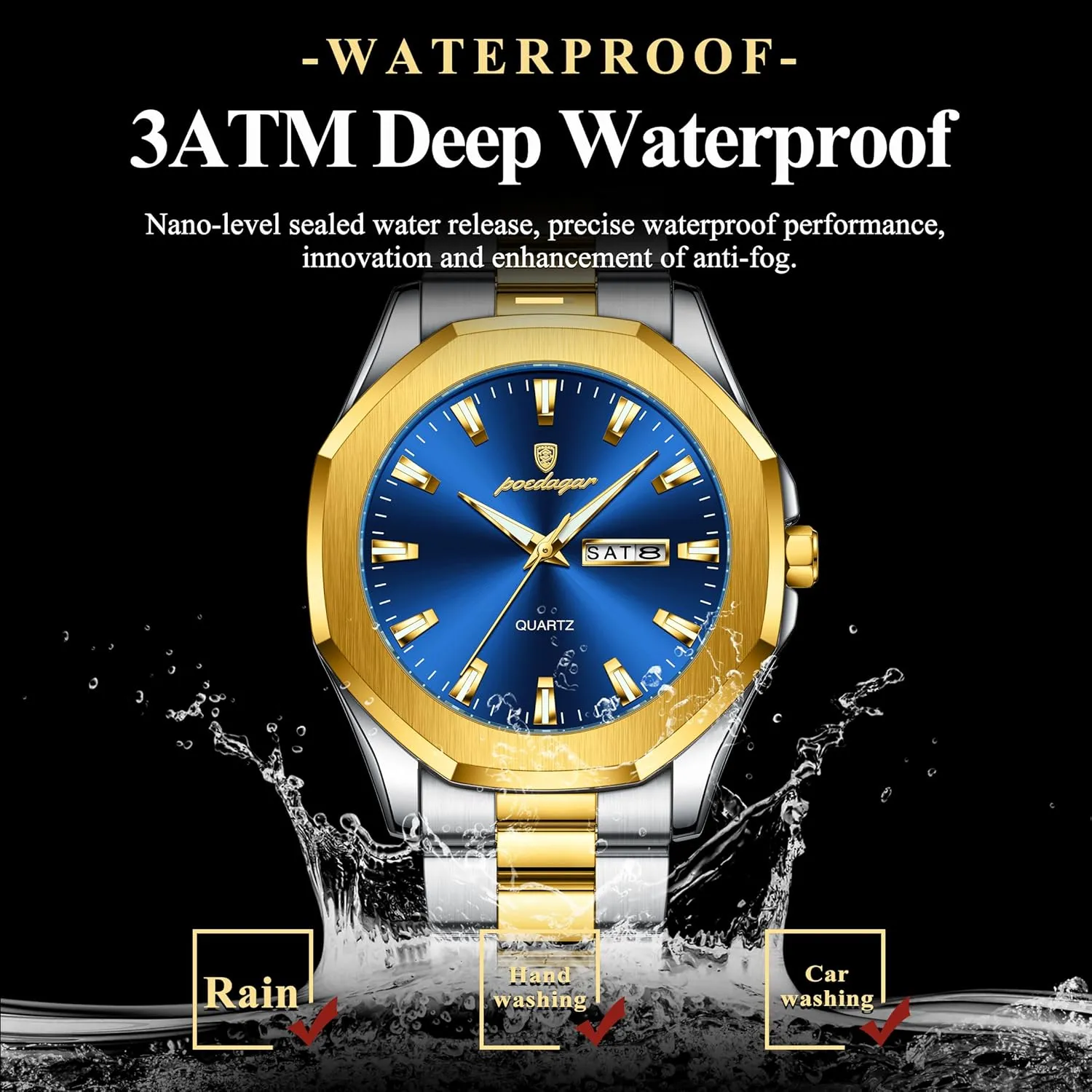Waterproof Luminous Week Date Man Watch Stainless Steel Fashion Sport Quartz Men's Watches Luxury Casual gaseous engrave expanse realization Men Wristwatch 