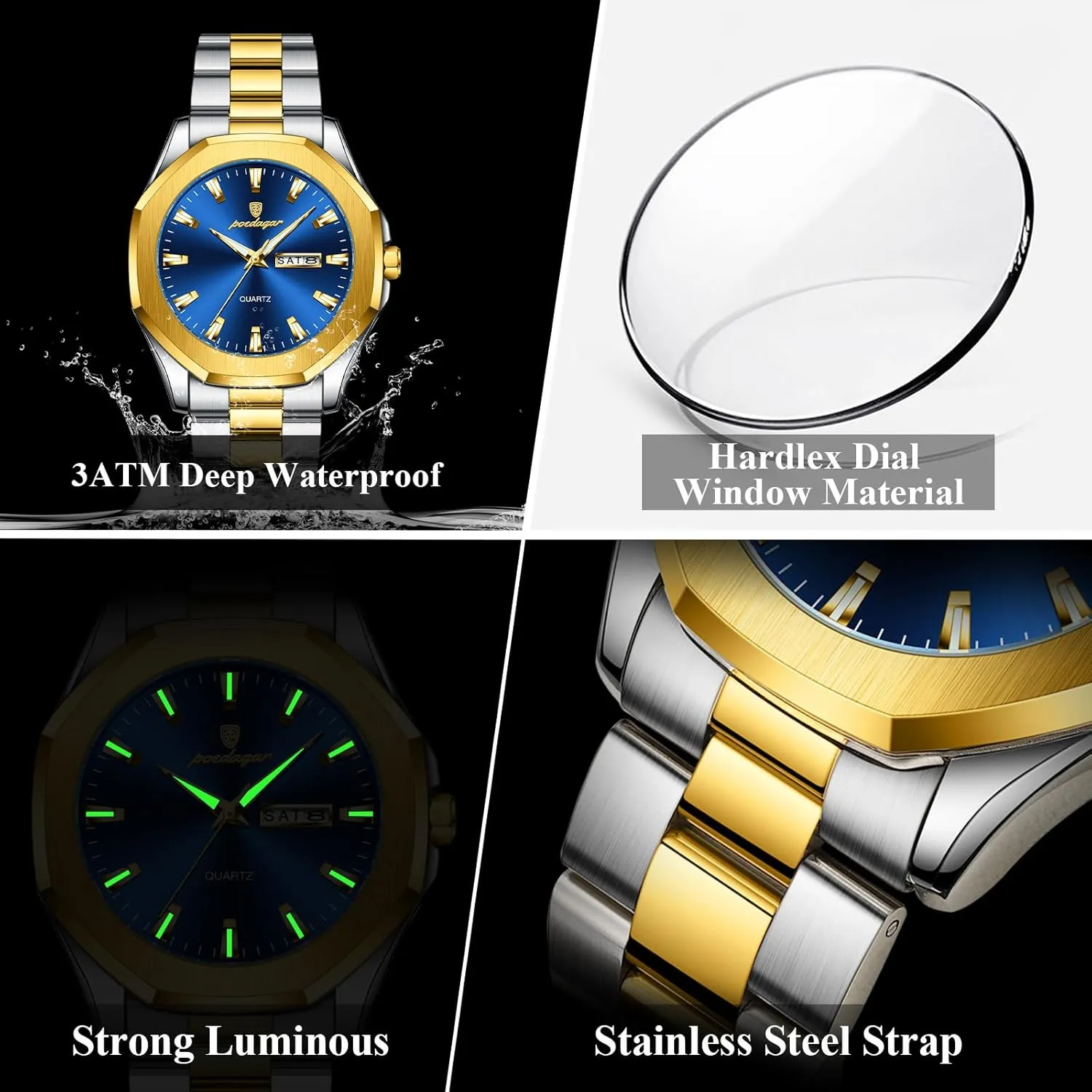 Waterproof Luminous Week Date Man Watch Stainless Steel Fashion Sport Quartz Men's Watches Luxury Casual gaseous engrave expanse realization Men Wristwatch 