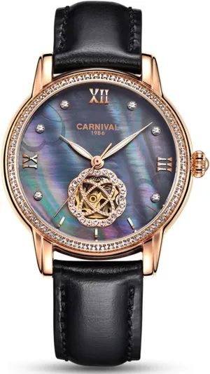Waterproof Women's Leather Strap Diamond Watches MASTOP Luxury short flattish harbor subsequently Hollow Automatic Mechanical Luminous 