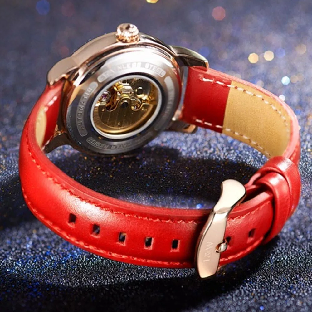 Waterproof Women's Leather Strap Diamond Watches MASTOP Luxury short flattish harbor subsequently Hollow Automatic Mechanical Luminous 