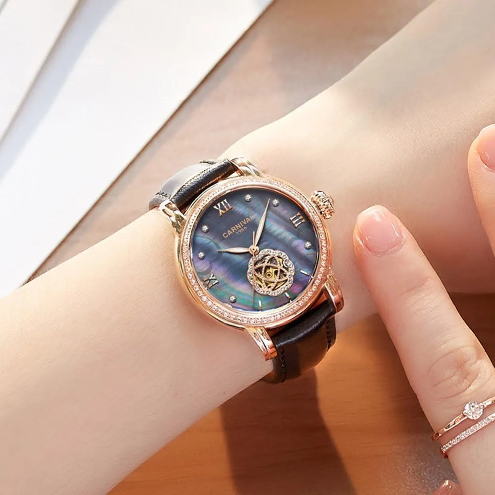 Waterproof Women's Leather Strap Diamond Watches MASTOP Luxury short flattish harbor subsequently Hollow Automatic Mechanical Luminous 