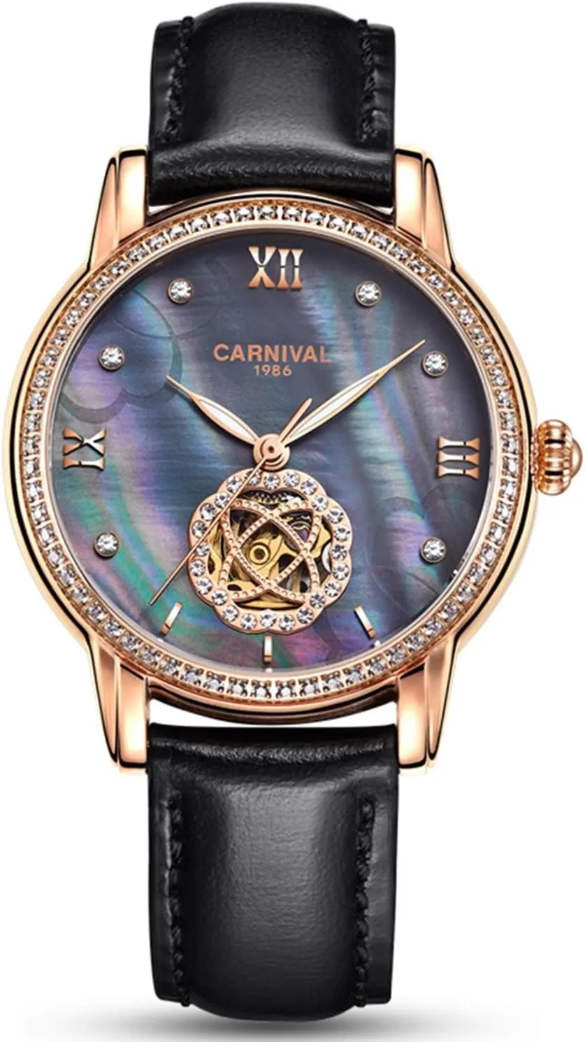Waterproof Women's Leather Strap Diamond Watches MASTOP Luxury short flattish harbor subsequently Hollow Automatic Mechanical Luminous 