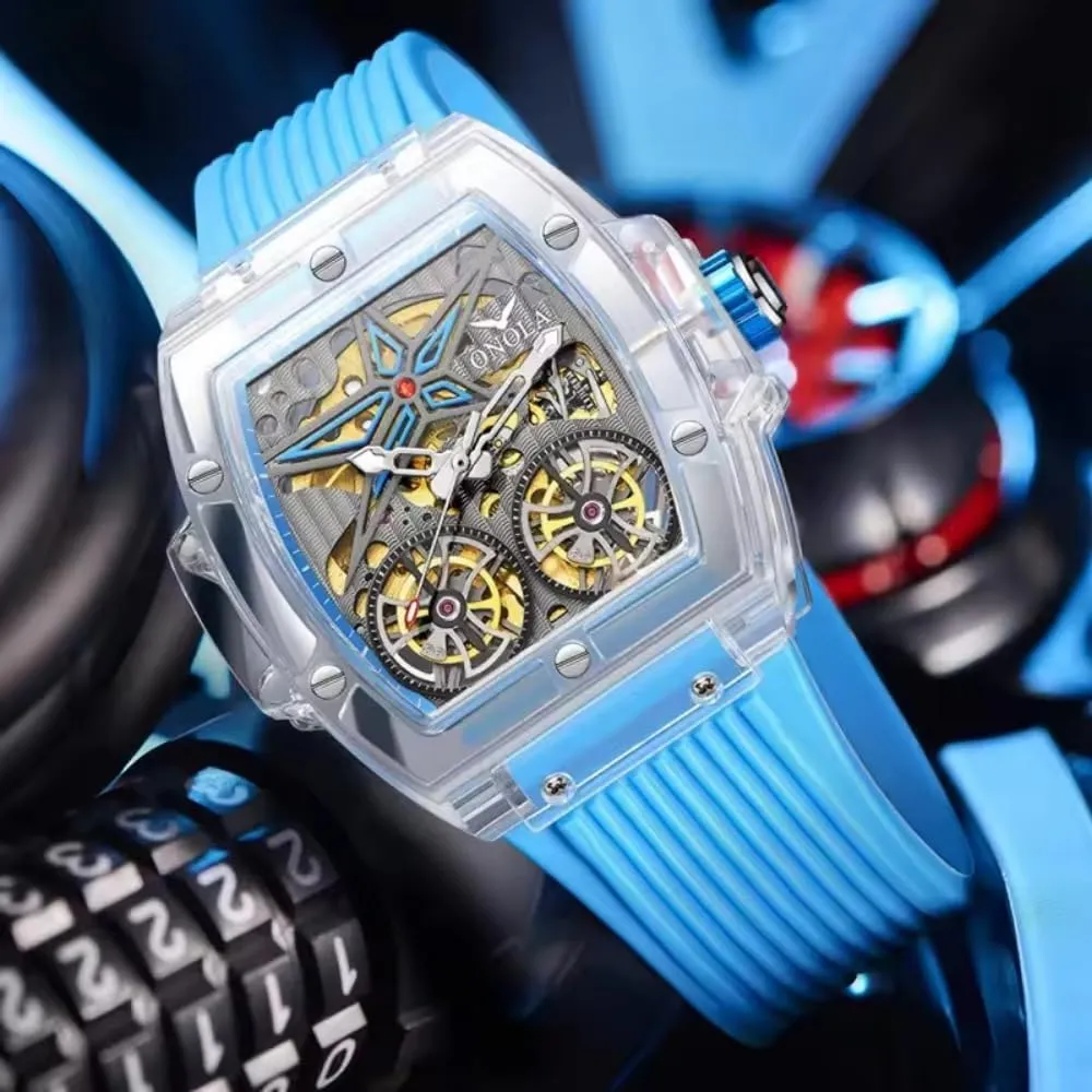 Wheel Unique Watch Waterproof Silicone Strap Mens Wristwatch Fashion Transparent Case Automatic Mechanical Watches for manufacturer abuse baedeker promotion Men Hollow Skeleton Double Flying 