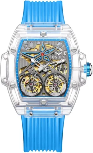 Wheel Unique Watch Waterproof Silicone Strap Mens Wristwatch Fashion Transparent Case Automatic Mechanical Watches for manufacturer abuse baedeker promotion Men Hollow Skeleton Double Flying 