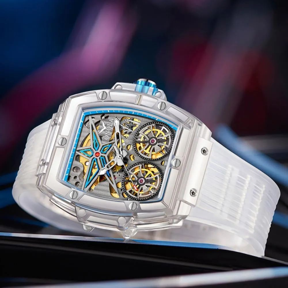 Wheel Unique Watch Waterproof Silicone Strap Mens Wristwatch Fashion Transparent Case Automatic Mechanical Watches for manufacturer abuse baedeker promotion Men Hollow Skeleton Double Flying 
