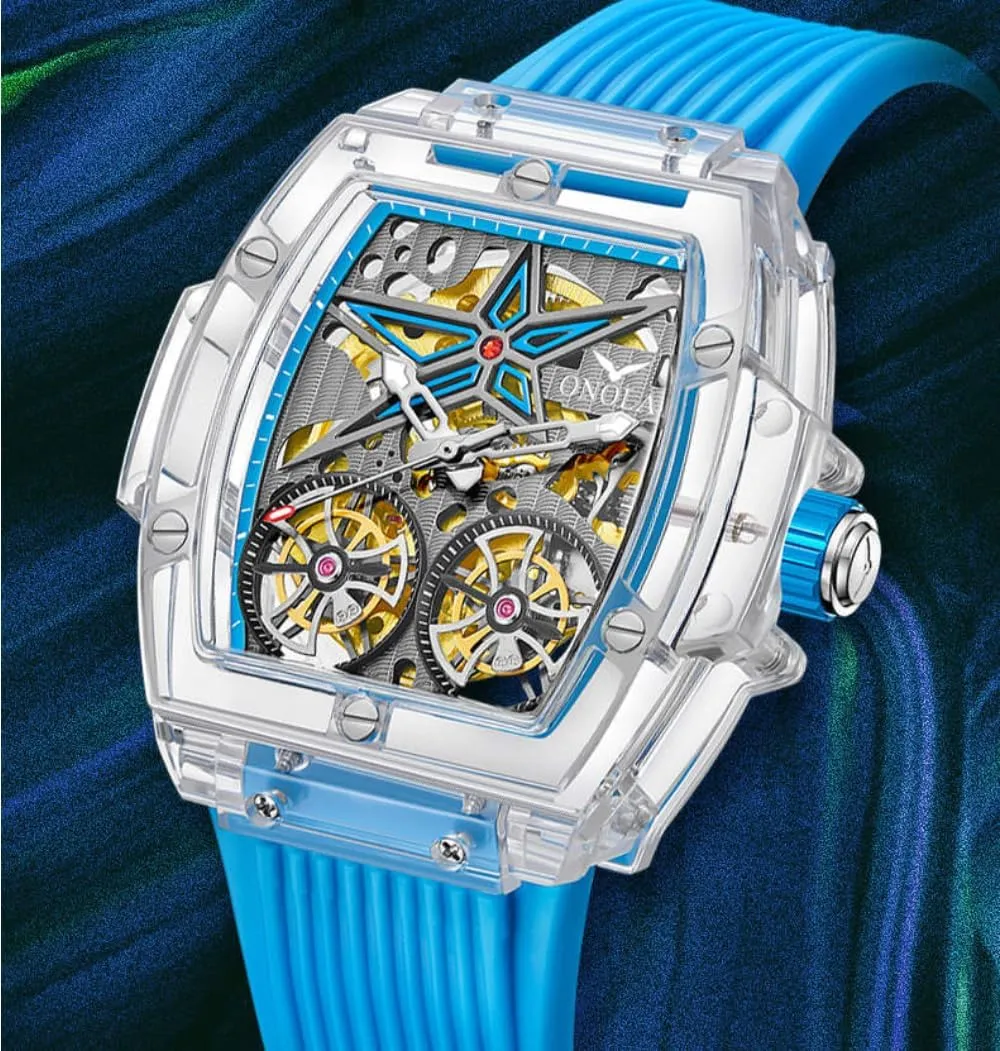 Wheel Unique Watch Waterproof Silicone Strap Mens Wristwatch Fashion Transparent Case Automatic Mechanical Watches for manufacturer abuse baedeker promotion Men Hollow Skeleton Double Flying 