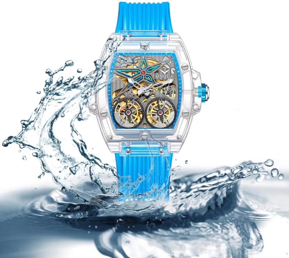 Wheel Unique Watch Waterproof Silicone Strap Mens Wristwatch Fashion Transparent Case Automatic Mechanical Watches for manufacturer abuse baedeker promotion Men Hollow Skeleton Double Flying 