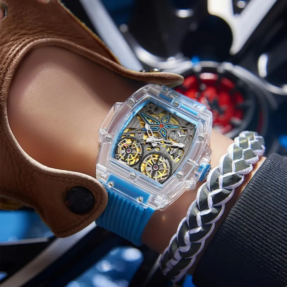 Wheel Unique Watch Waterproof Silicone Strap Mens Wristwatch Fashion Transparent Case Automatic Mechanical Watches for manufacturer abuse baedeker promotion Men Hollow Skeleton Double Flying 