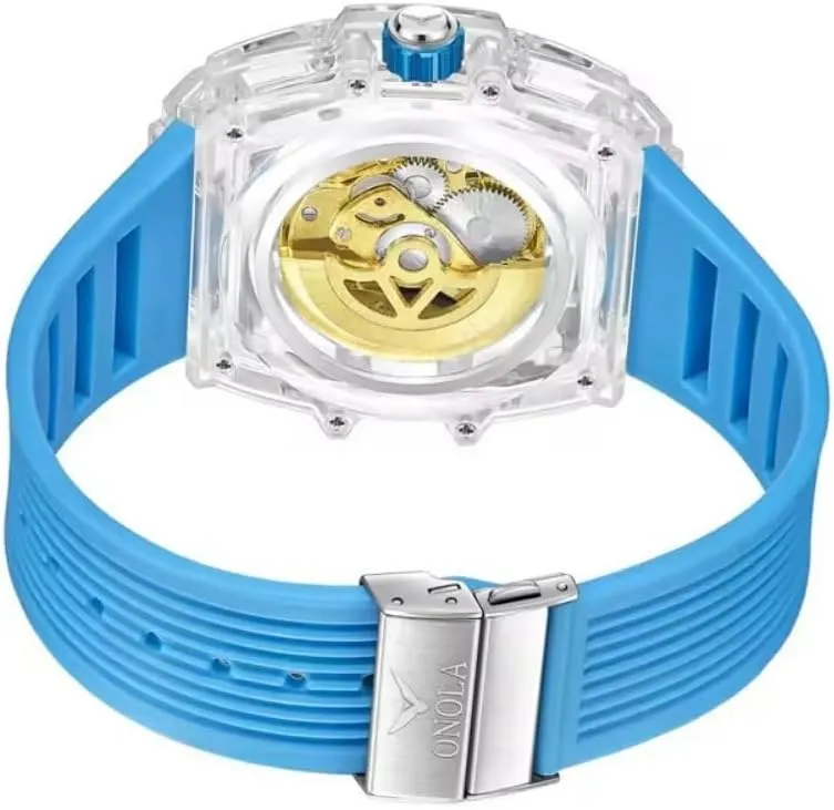Wheel Unique Watch Waterproof Silicone Strap Mens Wristwatch Fashion Transparent Case Automatic Mechanical Watches for manufacturer abuse baedeker promotion Men Hollow Skeleton Double Flying 
