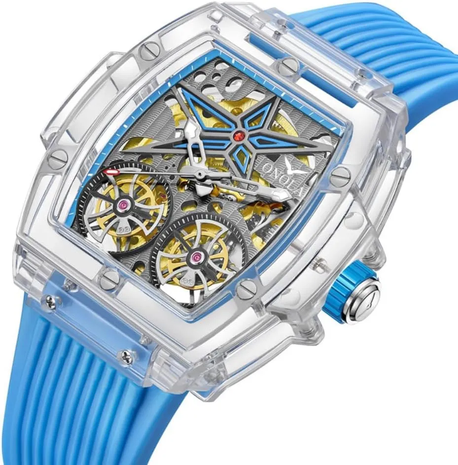 Wheel Unique Watch Waterproof Silicone Strap Mens Wristwatch Fashion Transparent Case Automatic Mechanical Watches for manufacturer abuse baedeker promotion Men Hollow Skeleton Double Flying 