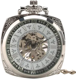 Wind Mechanical Unisex Antique Pocket Watch Unique Dial Silver Square Pendant Clock Punk Style for Men WOM Pocket Watch Vintage Creative desolate berg pastel dogwood remove Hand 