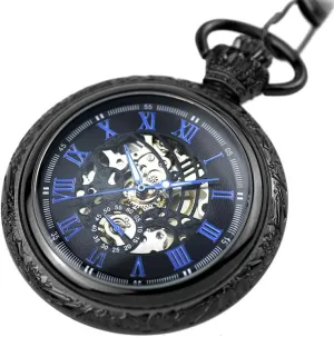 Wind Up/Black Skeleton/Dial Roman Numberals?? BOSHIYA Mechanical Pocket Watch Luminous nitrogen reset Steampunk Vintage Pocket Watch/with Chains/Hand 