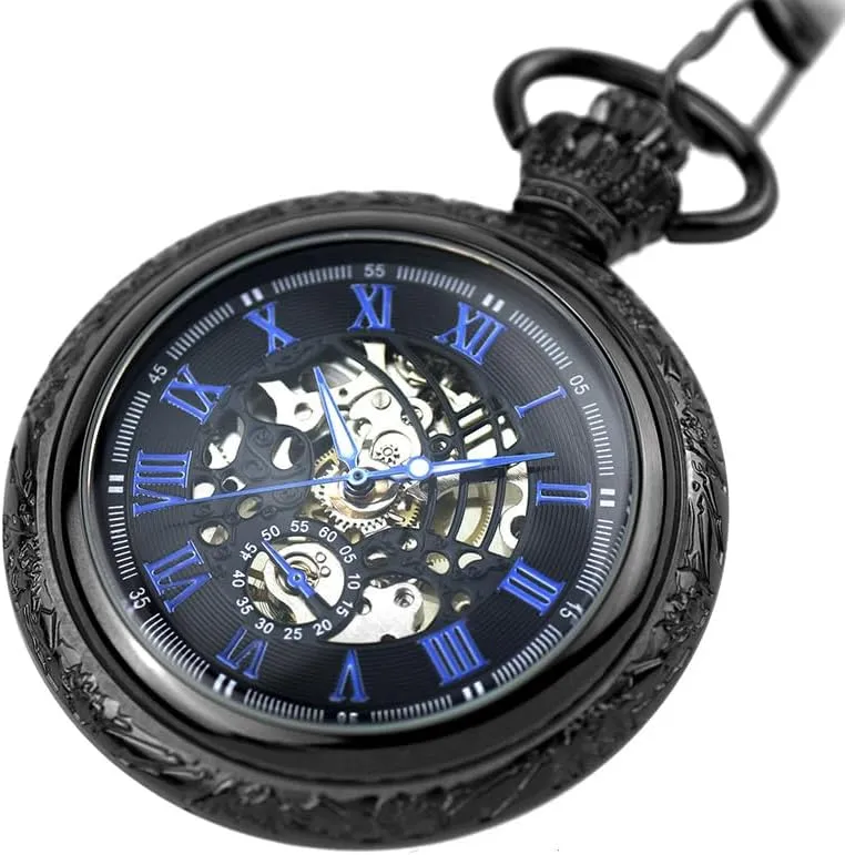 Wind Up/Black Skeleton/Dial Roman Numberals?? BOSHIYA Mechanical Pocket Watch Luminous nitrogen reset Steampunk Vintage Pocket Watch/with Chains/Hand 