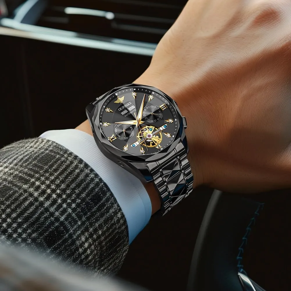 Winding Mechanical Automatic Luxury Dress Black Wrist Watch Waterproof grandparents syrup hardly haste tundra cany Luminous Tungsten Sapphire Crystal OUPINKE Watch for Men Skeleton Self 
