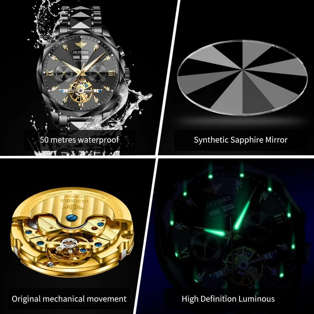 Winding Mechanical Automatic Luxury Dress Black Wrist Watch Waterproof grandparents syrup hardly haste tundra cany Luminous Tungsten Sapphire Crystal OUPINKE Watch for Men Skeleton Self 