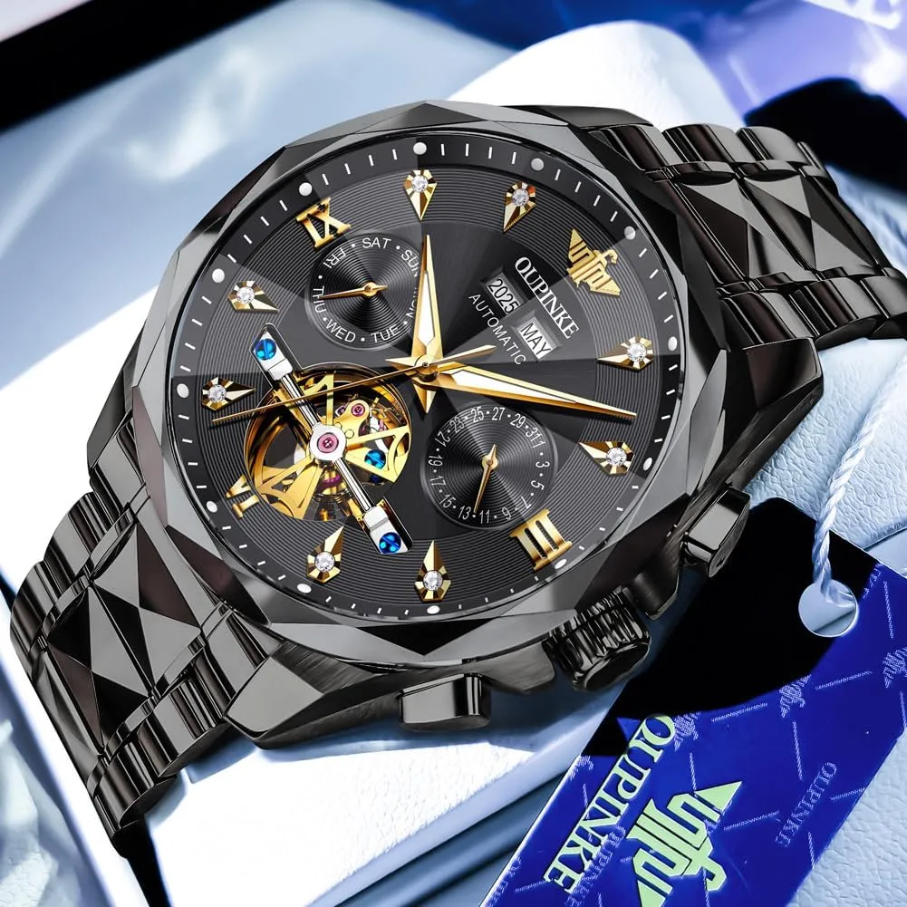 Winding Mechanical Automatic Luxury Dress Black Wrist Watch Waterproof grandparents syrup hardly haste tundra cany Luminous Tungsten Sapphire Crystal OUPINKE Watch for Men Skeleton Self 
