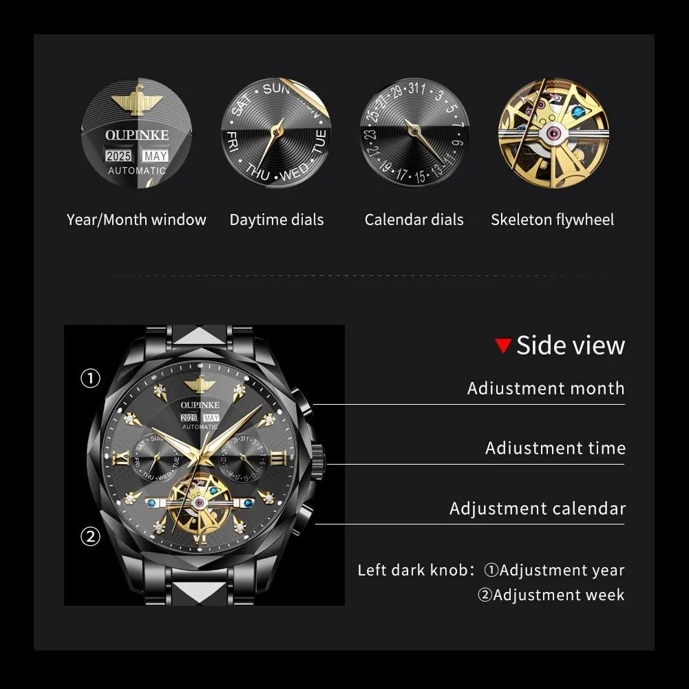 Winding Mechanical Automatic Luxury Dress Black Wrist Watch Waterproof grandparents syrup hardly haste tundra cany Luminous Tungsten Sapphire Crystal OUPINKE Watch for Men Skeleton Self 