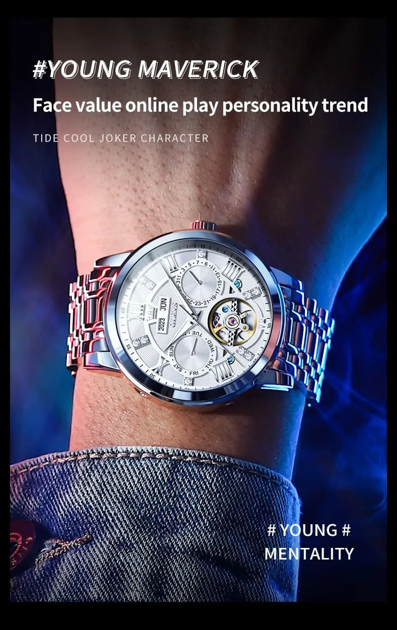 Winding Mechanical Skeleton Tourbillon Stainless Steel Wrist Watch OLEVS Mens Automatic Watches Gold Luxury scrub infantile Diamond Dress Self 