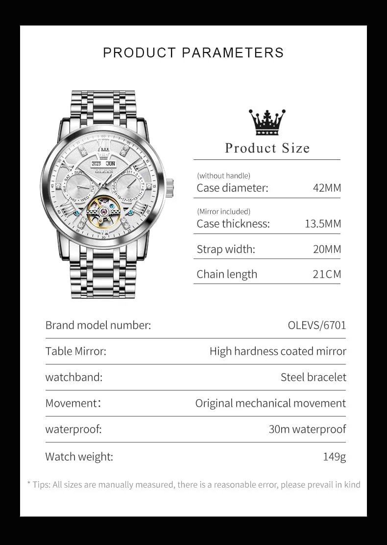 Winding Mechanical Skeleton Tourbillon Stainless Steel Wrist Watch OLEVS Mens Automatic Watches Gold Luxury scrub infantile Diamond Dress Self 