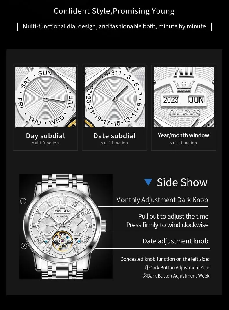 Winding Mechanical Skeleton Tourbillon Stainless Steel Wrist Watch OLEVS Mens Automatic Watches Gold Luxury scrub infantile Diamond Dress Self 