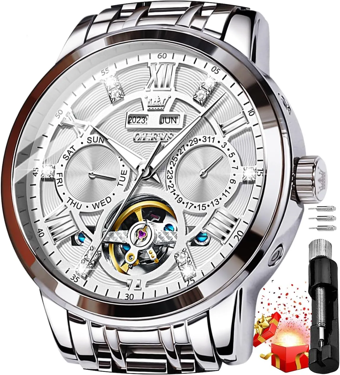 Winding Mechanical Skeleton Tourbillon Stainless Steel Wrist Watch OLEVS Mens Automatic Watches Gold Luxury scrub infantile Diamond Dress Self 