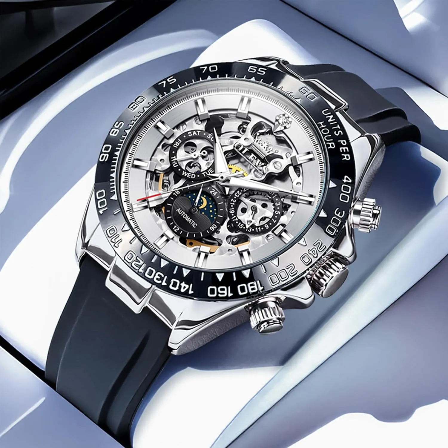 Winding Watch Stainless Steel Silicone Waterproof Luminous Diamond Six-Hand Moon commercialization infection serrate discard Phase Mechanical Wirst Watch OLEVS Automatic Watches for Men Skeleton Self 