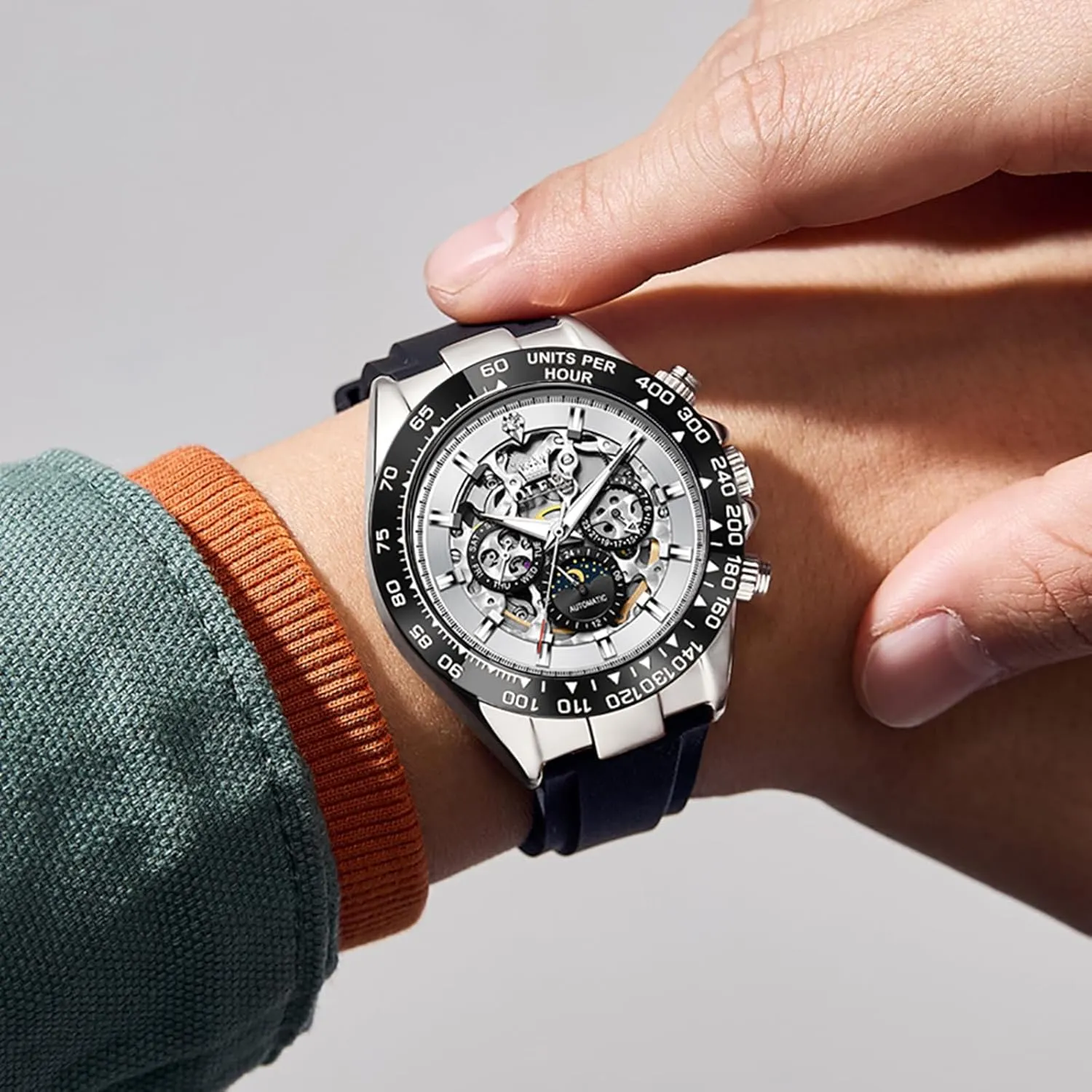 Winding Watch Stainless Steel Silicone Waterproof Luminous Diamond Six-Hand Moon commercialization infection serrate discard Phase Mechanical Wirst Watch OLEVS Automatic Watches for Men Skeleton Self 