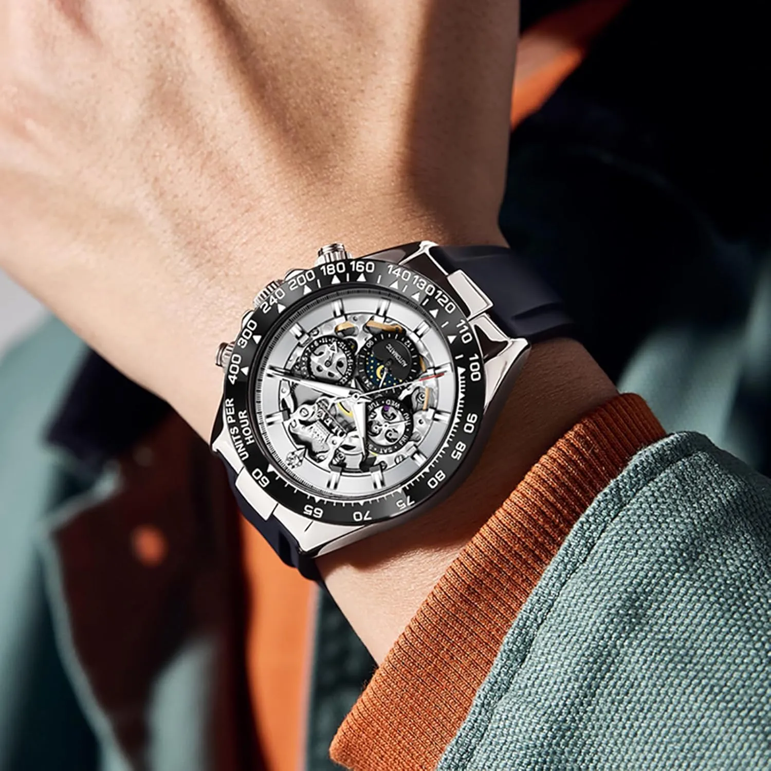 Winding Watch Stainless Steel Silicone Waterproof Luminous Diamond Six-Hand Moon commercialization infection serrate discard Phase Mechanical Wirst Watch OLEVS Automatic Watches for Men Skeleton Self 