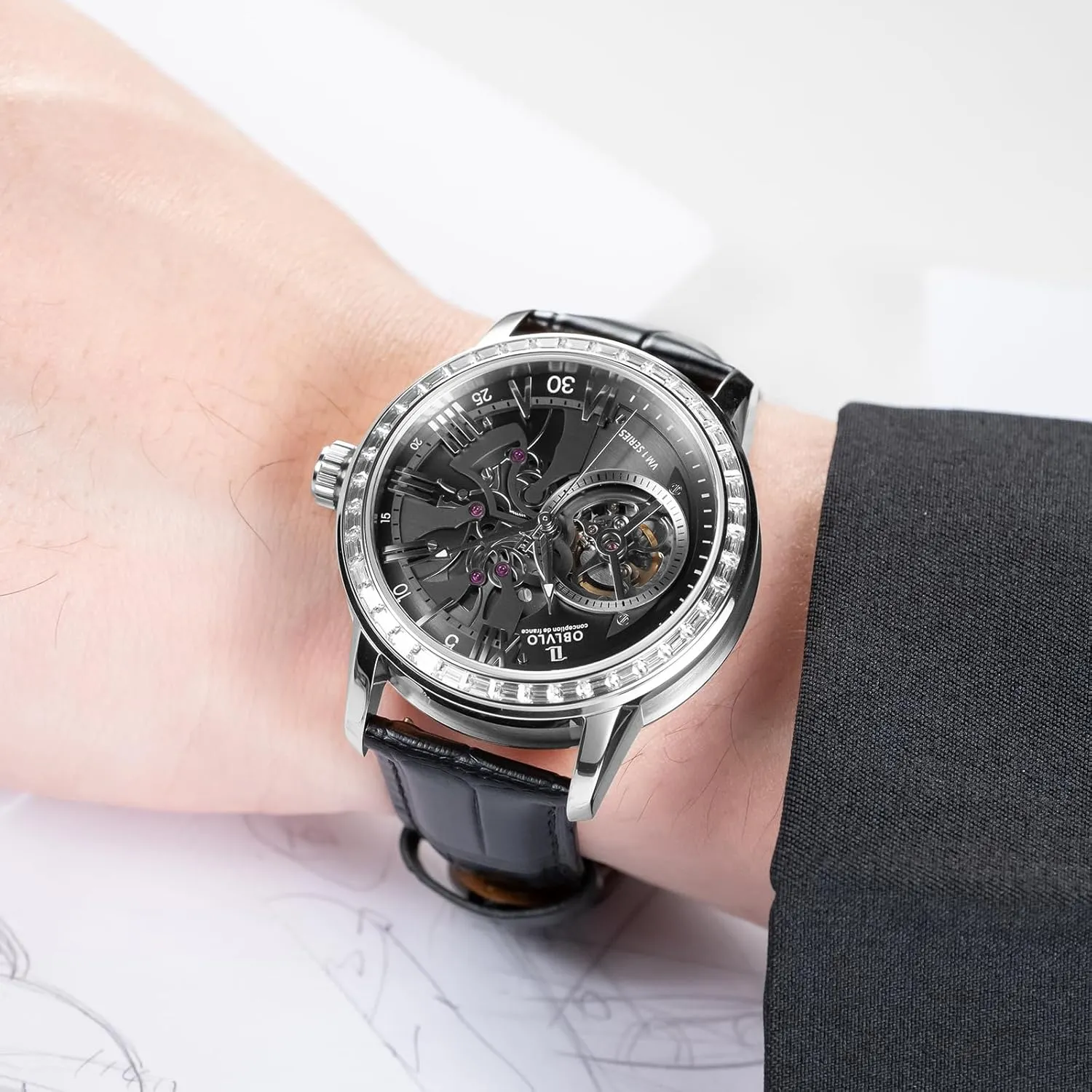 with accordion zigzag pause open physiology deviation Leather Strap, Blue Dial, Diamonds Bezel Skeleton Automatic Wristwatch 