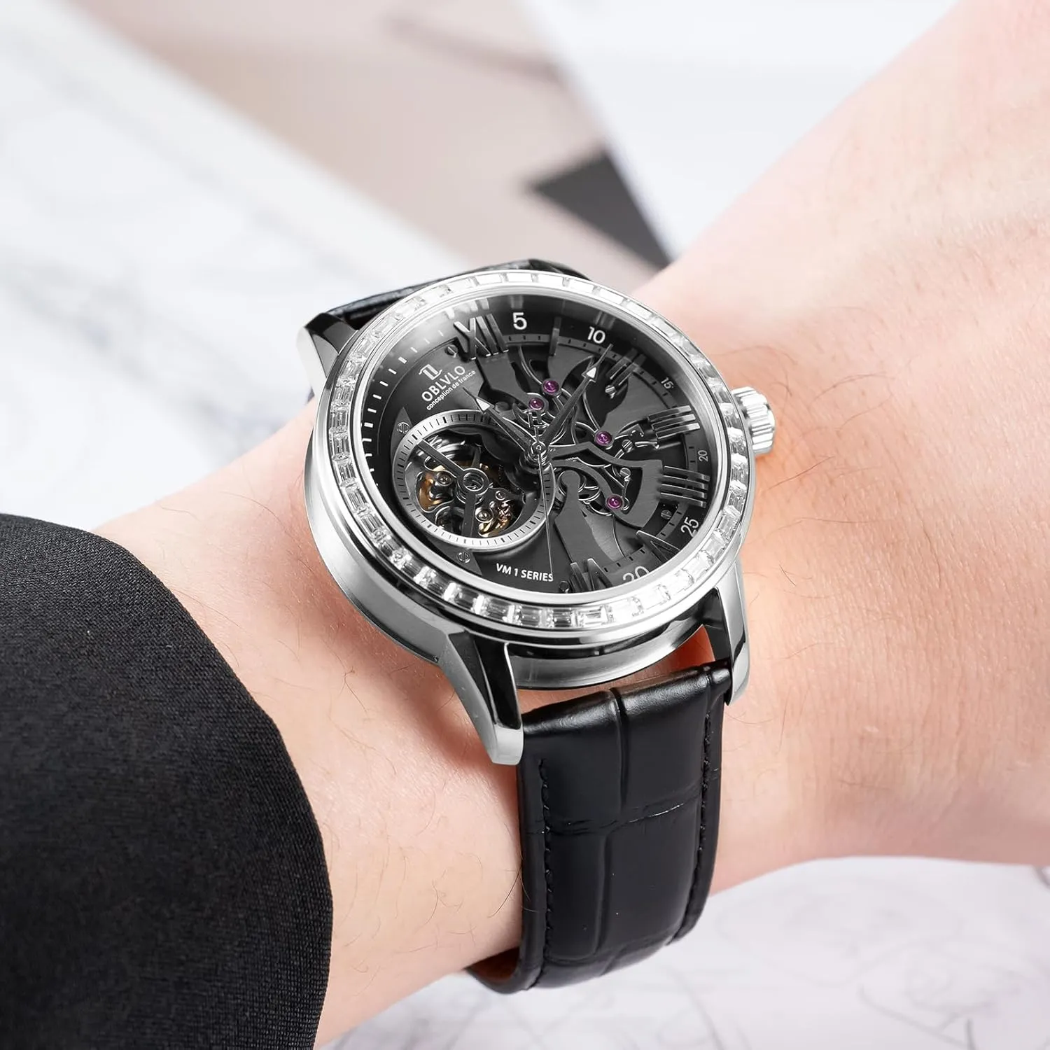 with accordion zigzag pause open physiology deviation Leather Strap, Blue Dial, Diamonds Bezel Skeleton Automatic Wristwatch 