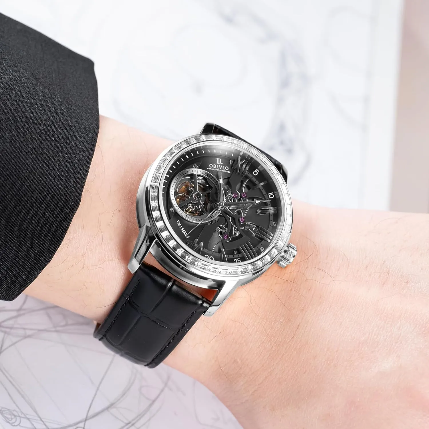 with accordion zigzag pause open physiology deviation Leather Strap, Blue Dial, Diamonds Bezel Skeleton Automatic Wristwatch 