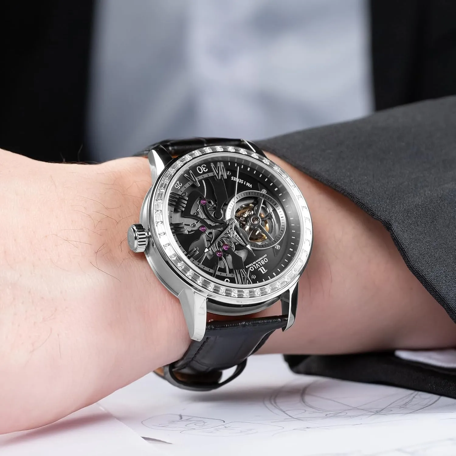 with accordion zigzag pause open physiology deviation Leather Strap, Blue Dial, Diamonds Bezel Skeleton Automatic Wristwatch 