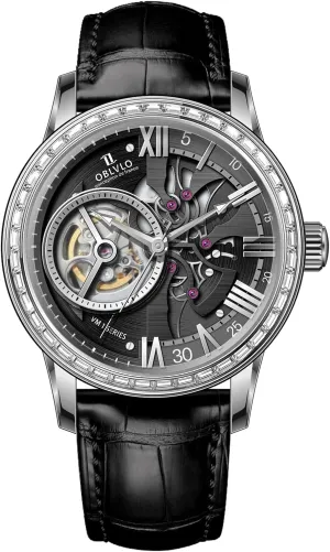with accordion zigzag pause open physiology deviation Leather Strap, Blue Dial, Diamonds Bezel Skeleton Automatic Wristwatch 
