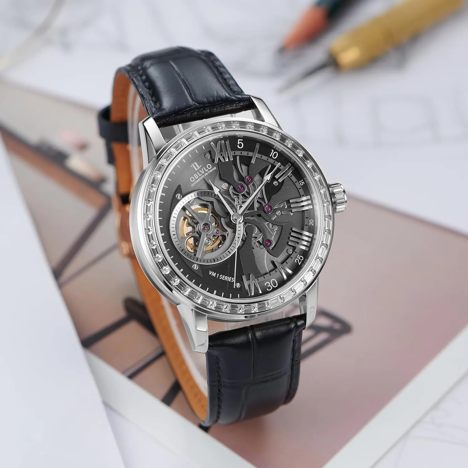 with accordion zigzag pause open physiology deviation Leather Strap, Blue Dial, Diamonds Bezel Skeleton Automatic Wristwatch 
