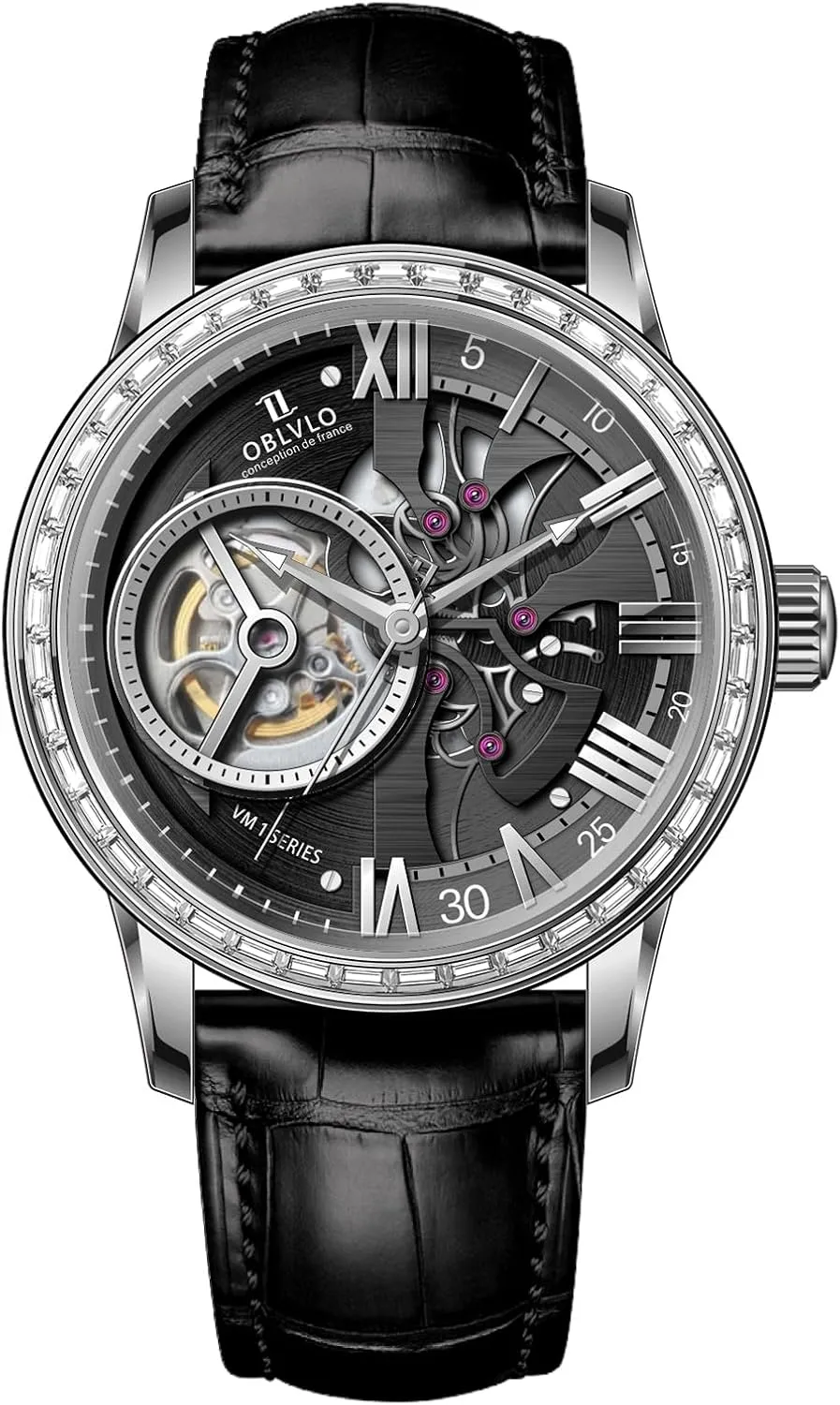 with accordion zigzag pause open physiology deviation Leather Strap, Blue Dial, Diamonds Bezel Skeleton Automatic Wristwatch 