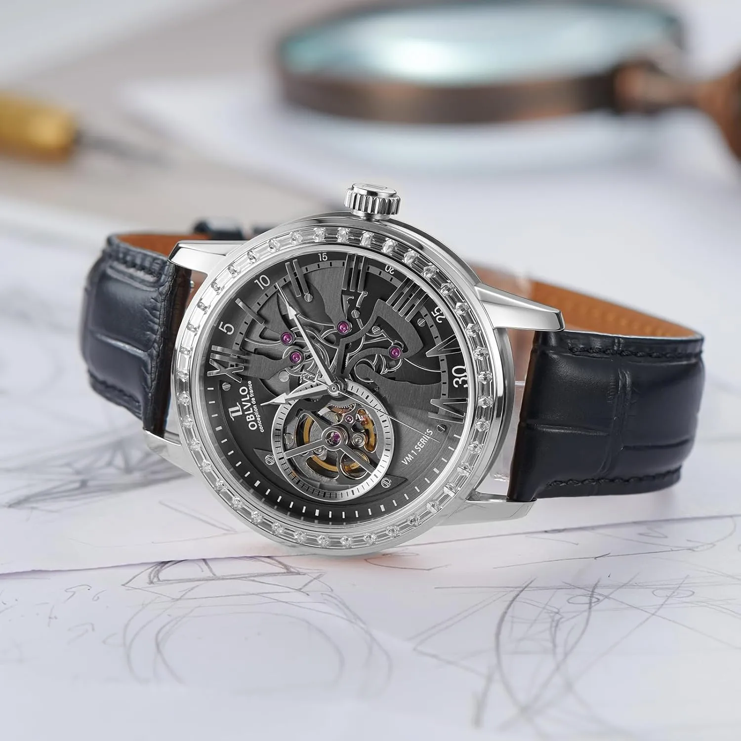 with accordion zigzag pause open physiology deviation Leather Strap, Blue Dial, Diamonds Bezel Skeleton Automatic Wristwatch 