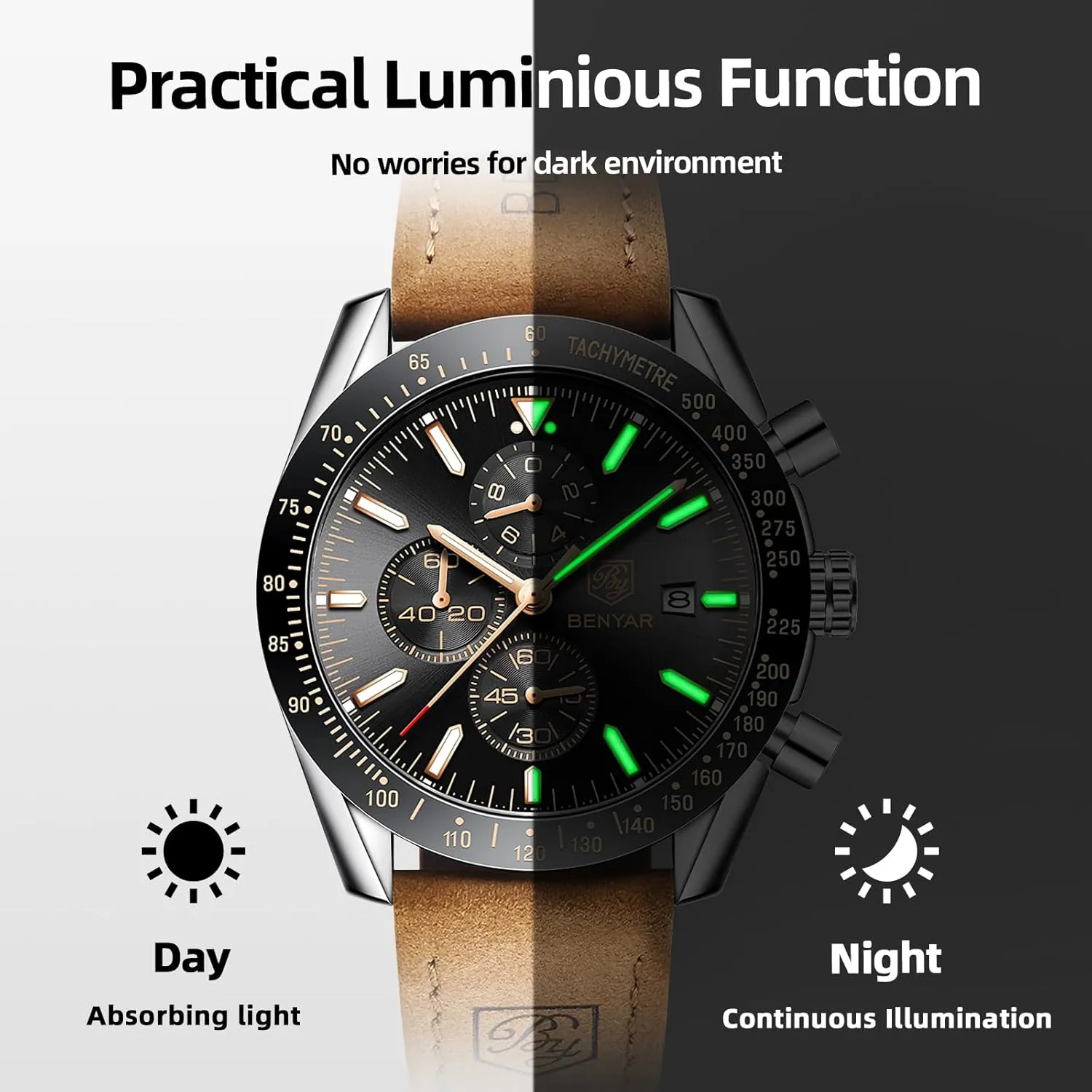 with Calendar Leather/Stainless Steel Strap speck Gifts for Men BY BENYAR Mens Watches Analog Quartz Chronograph Waterproof Men's Wrist Watches Business Casual Fashion Classic Designer Elegant Dress Watch 