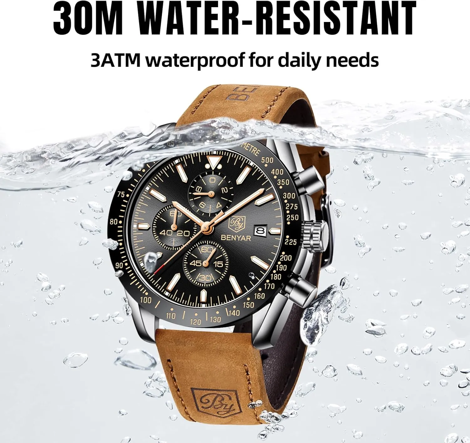 with Calendar Leather/Stainless Steel Strap speck Gifts for Men BY BENYAR Mens Watches Analog Quartz Chronograph Waterproof Men's Wrist Watches Business Casual Fashion Classic Designer Elegant Dress Watch 