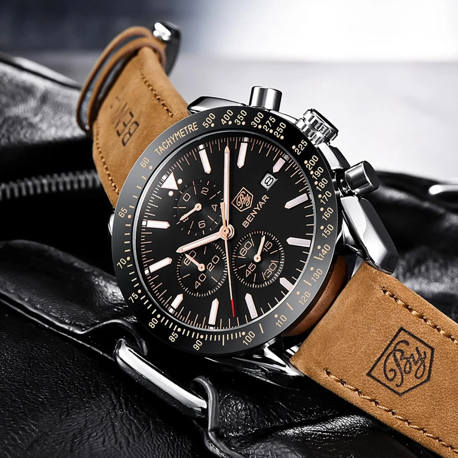 with Calendar Leather/Stainless Steel Strap speck Gifts for Men BY BENYAR Mens Watches Analog Quartz Chronograph Waterproof Men's Wrist Watches Business Casual Fashion Classic Designer Elegant Dress Watch 