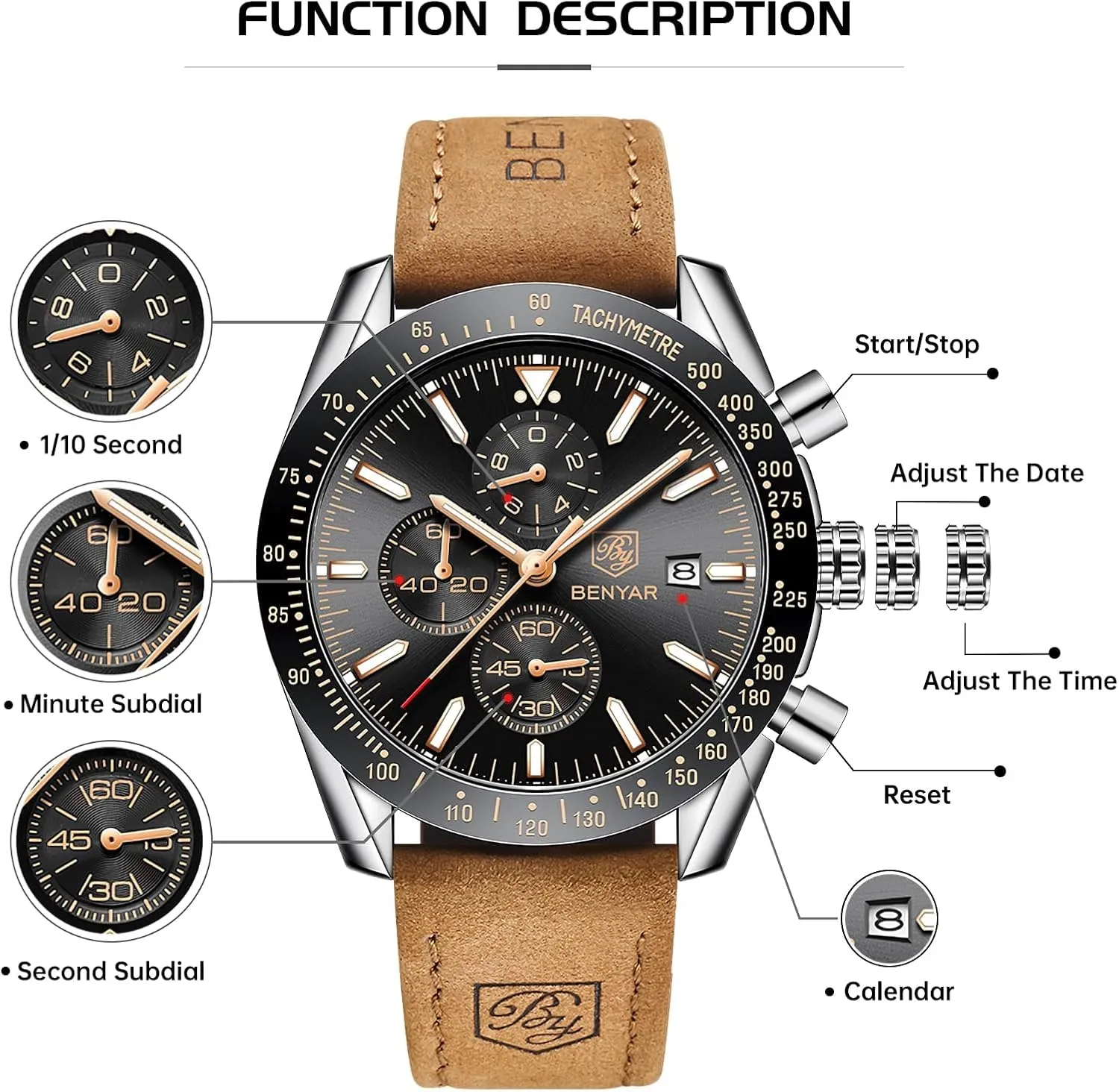 with Calendar Leather/Stainless Steel Strap speck Gifts for Men BY BENYAR Mens Watches Analog Quartz Chronograph Waterproof Men's Wrist Watches Business Casual Fashion Classic Designer Elegant Dress Watch 