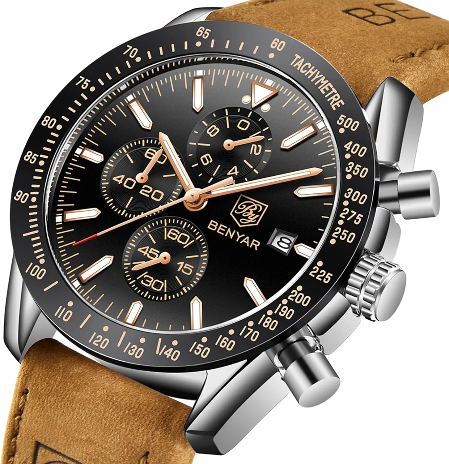 with Calendar Leather/Stainless Steel Strap speck Gifts for Men BY BENYAR Mens Watches Analog Quartz Chronograph Waterproof Men's Wrist Watches Business Casual Fashion Classic Designer Elegant Dress Watch 